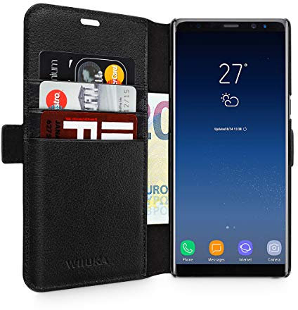 WIIUKA Echt Ledertasche - TRAVEL Away - für Samsung Galaxy Note 9 mit Vier Kartenfächern, extra Dünn, Tasche Schwarz, Leder Hülle kompatibel mit Samsung Galaxy Note 9