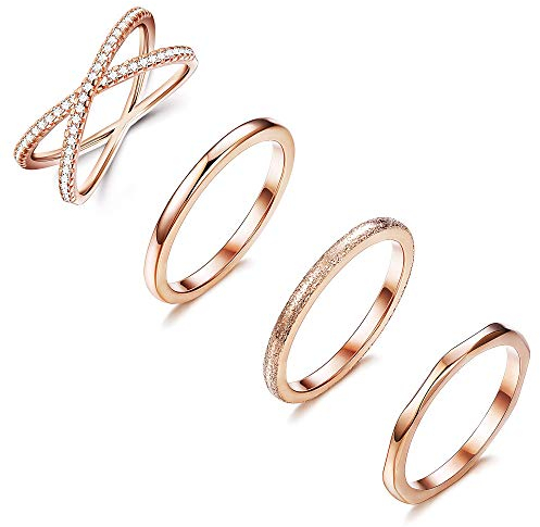 Milacolato 4 STÜCKE Edelstahl Stacking Hochzeit Band Ringe Frauen CZ Criss Cross Ring Mädchen Engagement Eternity Knuckle Mid Ring Set Silber/Rose Gold