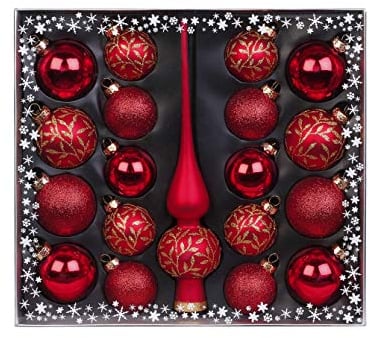 MAGIC Kugelsortiment Glas Dekor 19 TLG. mit Spitze Christbaumkugeln Christbaumschmuck Tannenbaum Deko Weihnachten Weihnachtskugeln Farbe: rot Gold