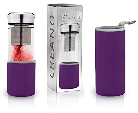 Creano Teebereiter Teamaker - Teeflasche to go aus Glas mit Sieb für losen Tee inkl. Neoprentasche | 400ml (Lila)