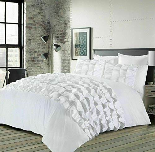 EHD Priscilla Frills Luxurious Designer Style Duvet Cover Sets Quilt Cover Sets Bedding Sets (White, Super King)