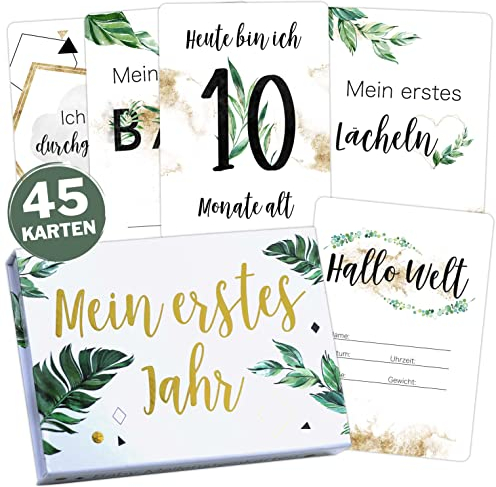 45 Baby Meilensteinkarten Tropical Green Milestone Cards Meilenstein Karten Geschenkset + Geschenkbox schöne Geschenkidee zur Geburt, werdende Mutter, Babyparty