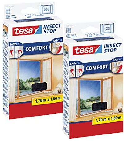 tesa Insect Stop COMFORT Fliegengitter Fenster - Insektenschutz mit Klettband selbstklebend - Fliegen Netz ohne Bohren (170 cm x 180 cm, 2er Pack/Anthrazit (Durchsichtig))
