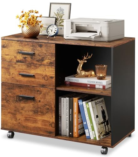 DEVAISE 3 Drawer Mobile File Cabinet, Wood Lateral Filing Cabinet, Printer Stand with Open Shelves for Home Office, Rustic Brown