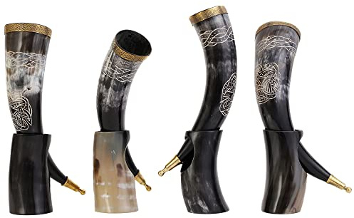 Brainmart Mead Ale Trinkhorn-Set, authentisches geschnitztes Wikinger-Horn mit Bierhalter, poliertes Finish, mittelalterliche Keramik, Game of Thrones inspiriert, geschnitzte Hörner (33 cm), 4 Stück