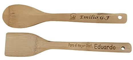 Regalo Grabado - 10 Cuchara y Paleta de bambú Personalizada | Grabado Imborrable | Ideal para Cocina y Eventos | Personalización Disponible | Unidades (10)
