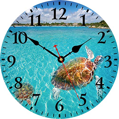 TAHEAT 30 cm Maritime Meer Schildkröte Wanduhr, Lautlos Geräuschlos Holz Uhren, Batteriebetrieben Modern Wanduhr für Küche/Schlafzimmer/Wohnzimmer/Esszimmer