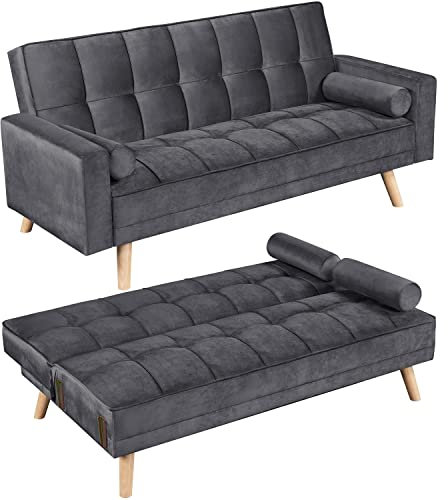 Yaheetech Modern Velvet Sofa Bed 3 Seater Click Clack Sofa Settee Recliner Couch with Wooden Legs for Living Room/Guest Room/Office, Modern Gray