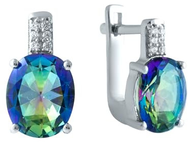 Huggie-Ohrring aus 925er-Sterlingsilber mit englischem Schloss über ovalem mehrfarbigem Mystic-Topas; Steingewicht [ct]: 3,8 ct, Gewicht 3,88 g. und rhodinierte Oberfläche