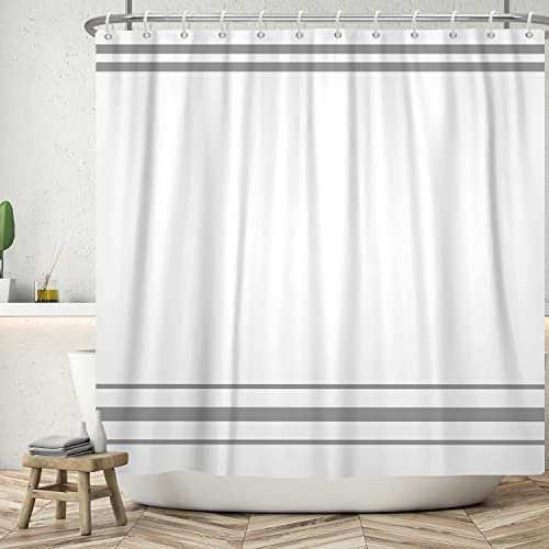 SDOTPMT 180x180cm Rideau de Douche Blanc cassé Moderne Minimaliste Gris rayé Rideau de Douche Rustique Ferme Classique esthétique Salle de Bains Rideau de Douche décoratif Polyester Crochet