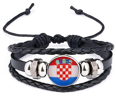 FWSHANGMAO Lederarmband,Mehrschichtiges Lederarmband Kroatien Flagge Zeitstein Armband Fußballliebhaber Flaggenmuster Armband Wm Schmuck Patriots Schmuck Für Frauen Und Männer Als Geschenk