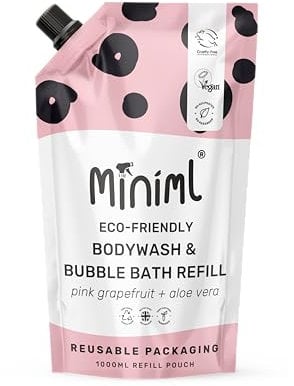 Miniml All Natural Body Wash and Bubble Bath - 1L Refill Moisturising Pink Grapefruit and Aloe Vera Sensitive Skin Eco Shower Gel Bath Soak Vegan Friendly High Foam