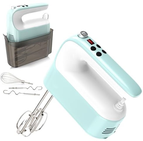 Yomelo 9-Speed Digital Hand Mixer Electric, 400W Powerful DC Motor, Baking Mixer Handheld with Snap-On Storage Case, 5 Stainless Steel Accessories, Flat Beaters, Dough Hooks, Whisk (Ice Blue & White)