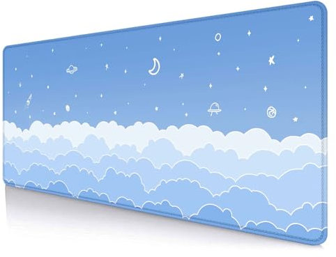 LTHAOGUO Cute Light Blue Desk Mat Mousepad, Kawaii Anime Gaming Deskmat Pastel Clouds, Aesthetic Stars Moon Deskpad, Minimalist Mint White XL Mouse Pad, 31.5 X 11.8 Inch