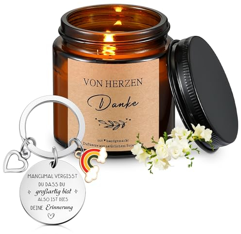 Sinmoe 2 Stück Abschiedsgeschenk Set für Kollegen Regenbogen Motivation Schlüsselanhänger Danke Duftkerze im Glas Mutmacher Geschenk für Frauen Dankeschön Geschenk für Jobwechsel Ruhestand Geburtstag