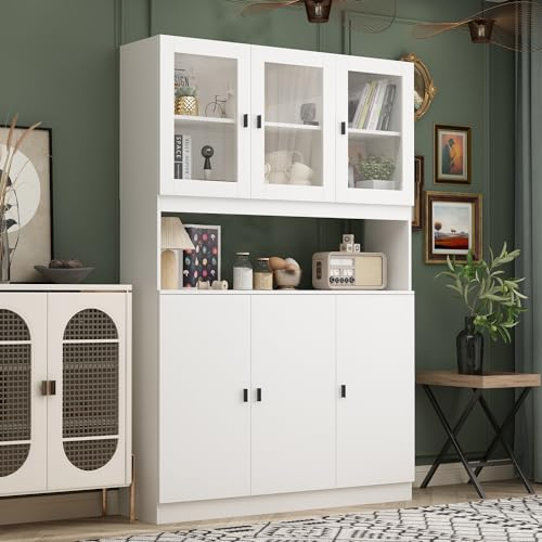 DEZAGCE Küchenschrank mit 3 Türen, Küchenschränke mit 3 Türen aus gehärtetem Glas, Buffetschrank, Küchenbuffet mit Verstellbaren Einlegeböden, Multifunktionaler Lagerschrank, Weiß, 30 x 120 x 180 cm