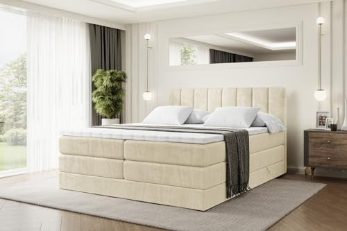 ALTDECOR Boxspringbett mit Matratze und Lattenrost, Topper, Polsterbett mit Bettkasten, Bett mit Stauraum H3- und H4- Matratze, Doppelbett, Springboxbett - OTTA King - 200x200 - Beige Monolith