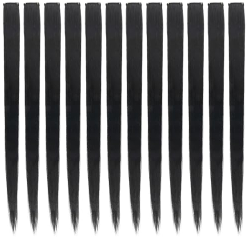 12 Stück Haarverlängerung,Schwarz Haarteil Haarsträhnen Zum Einklipsen,Glattes Langes Haarteile Haarsträhnen,55cm Hair Extensions Clip in für Kinder Frauen