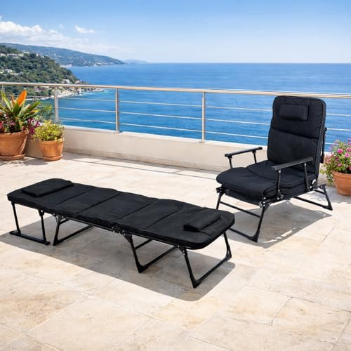 Mojawo 2 in 1 Gartenliege | Ruheliege | Sanitätsliege | Liegebett | Gästebett | Relaxsessel | Ruhesessel schwarz mit Polster inkl. Kopfkissen