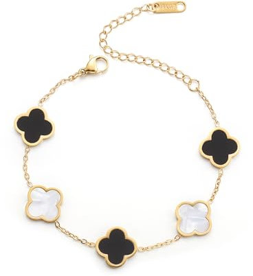 AIPPK 18 Karat vergoldetes Kleeblatt-Glücksarmband für Damen, weiß/schwarz/rot/grün, Blume, vierblättriges Gliederarmband, trendiger Schmuck, Geschenke für Frauen, 6.41, Edelstahl, Kein Edelstein