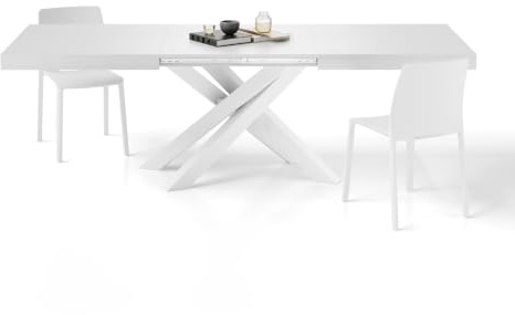 MOBILI FIVER, Ausziehbarer Esstisch Emma 160(240) x90 cm, Esche Weiss mit Weißen gekreuzten Beinen, Made In Italy