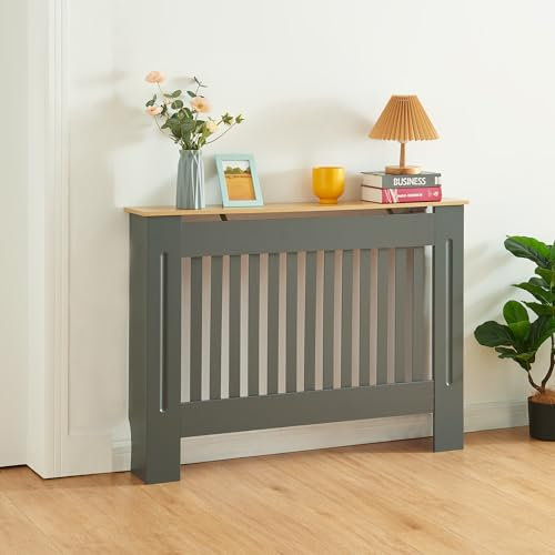 Panana Modern Slatted Radiator Cover, Slatted Cabinet Radiator Covers MDF Wood Cabinet Shelf Heating Covers For Living Room, Hallway (Grey with Wood Top, M)