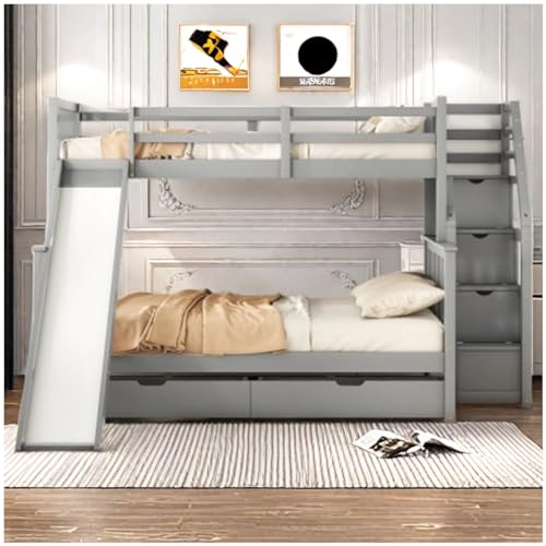 Sapgaks Etagenbett, multifunktional, Oberbett 90 x 200 cm, unteres Bett 140 x 200 cm, mit Rutsche, Stauraum und Grau (nur Bettgestell)