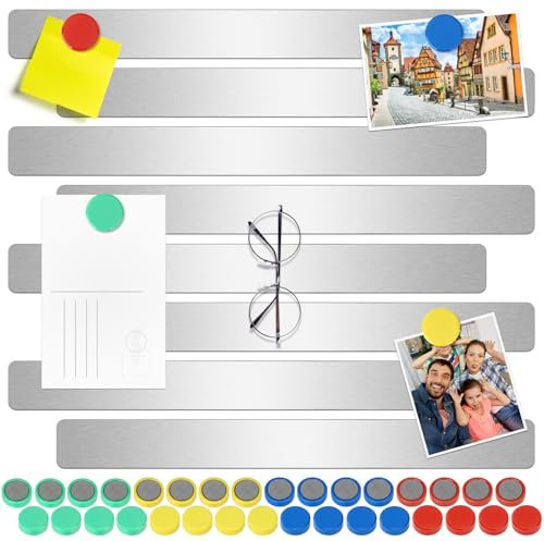 Wukong 30x3cm, 8 Pack Magnetic Stainless Sliver Boards Strips, Adhesive Backing Bulletin Bar Board, Memo Board with 32Pcs Colorful Magnets for Office, Home, Photo Wall, Documents and Fridge