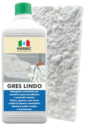 MARBEC GRES LINDO 1LT + TAMPONE IN MELAMINA Detergente per pavimenti in gres porcellanato pulisce, sgrassa senza residui. Mantiene pavimenti e fughe pulite. Ideale per Uso Quotidiano.