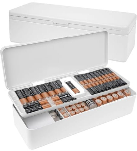 Adorila Battery Organizer Storage Box, Battery Storage Case with Electric Quantity Detection, Battery Case Holder for 50 AA, 46 AAA, 19 Button Cell (White)