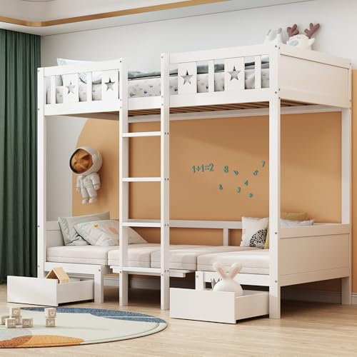 BLUON HOME Litera de 200 x 90 cm, cama/escritorio 2 en 1, auto acolchado, con dos cajones grandes, marco de cama con escalera, cama de madera, cuna infantil, color blanco