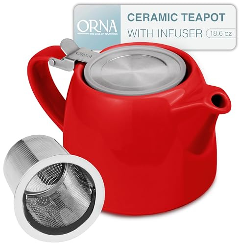 ORNA Ceramic Teapot with Tea Infuser – Small Tea Pot for Loose Leaf Tea – 550ml / 18.6 Oz Non-Stove Porcelain Teapot for 2 Cups with Tea Strainer (Red)