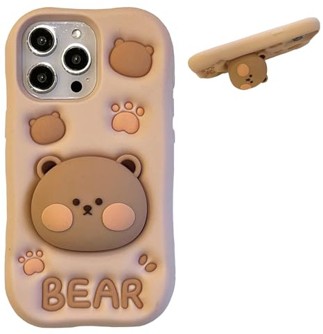 YAKVOOK 3D-Cartoon-Schutzhülle für iPhone 16 Pro, Kawaii-Handyhülle, niedlicher lustiger Bär, mit Bären-Halterung für Damen und Mädchen, weiches Silikon, stoßfeste Schutzhülle für iPhone 16 Pro