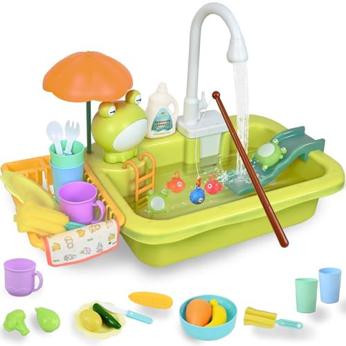 Ulikey Évier pour Enfant avec Eau Courante, Jouet d'évier de Cuisine, Jouets de Pêche, Jouets de Cuisine Accessoires avec Robinet Enfant Pompe, Recyclage de l'eau, Évier Jouet Enfants 3+ Ans (Vert)