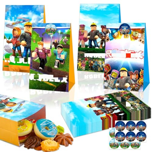 Robl Geschenktüten- 12Pcs Papiertüten mit 12 Aufkleber Sticker Kinder Party Geschenktüte Mitgebsel Kindergeburtstag Candy Bar Süßigkeiten Tüten Geschenken Giveaways Party Bags Supplies
