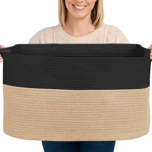 Toemics Large Cotton Rope Storage Basket with Handle 65L Soft Laundry Hamper for Blanket, Pillow, Toy, Clothes Collapsible Woven Basket for Bedroom, Living Room, Nursery, 55x38x30cm (Black and Jute)