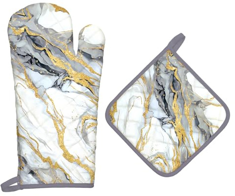 Arquiel White Gold Marble Oven Mitts and Pot Holders -100% Cotton, Heat Resistant Extra Long Oven Gloves & Hot Pads for Cooking BBQ Grilling Baking Gift, Set of 2