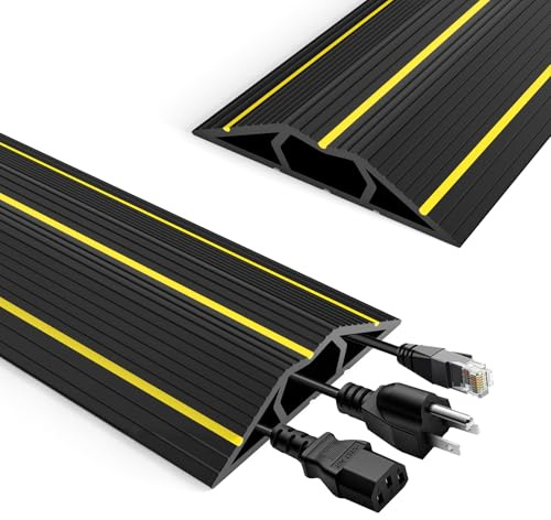 RAYNEAY Floor Cable Cover Outdoor, 3M Heavy Duty Rubber Wire Cable Cover | 3M, Outdoor Floor Cable Protector, Flexible Rubber, 3 Cord Channel, Warning Stripes Design, Outdoor Cables Hider, Black