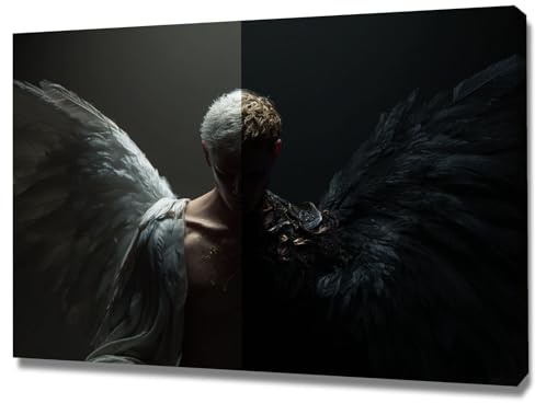 XENIOU tableau noir et blanc Peinture anges et démons toile decoration murale, Pour salle de bain, salon, chambre, bureau, cuisine.(noir et blanc)-20x30cm Encadrée