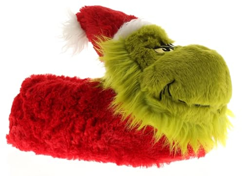 Wynsors The Grinch Men's Christmas Novelty Slippers - Green Faux Fur with Red 3D Face Design, Warm Padded House Shoes, Non-Slip Red 8 UK