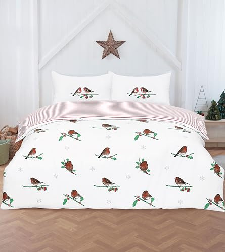 Rapport Home King Size Rotkehlchen auf Stechpalme Weihnachten Bettbezug-Set – wendbare Festliche Mikrofaser-Bettwäsche mit 2 Kissenbezügen – weich pflegeleicht Xmas Bettwäsche 220x230 cm