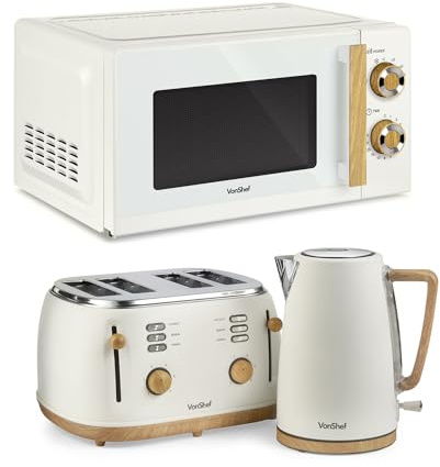 Vonshef Microwave Kettle Toaster Set, Scandi Kitchen Set – Fika Range, Cream | 1.7L Nordic Rapid Boil Kettle, Wide Slot Toaster 4 Slice with 6 Browning Controls and 20L Microwave with 6 Power Levels