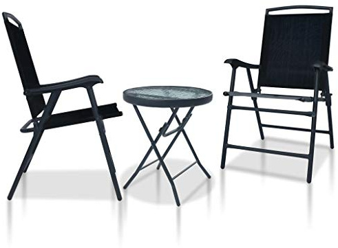 Runheo 3-TLG. Bistro-Set Schwarz Stahl, klappbar, wetterfest, Textilene-Gewebe, Glasplatte mit Wasserwellenmuster, für Garten, Balkon, Terrasse, Outdoor-Möbel-Set