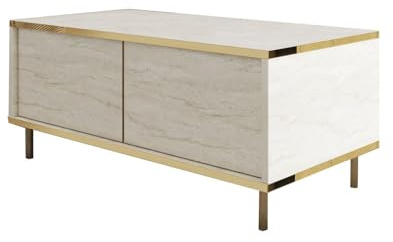 Hanah Home Modern Coffee Table, Travertine & Gold, 90 x 40 x 45 cm | 100% Melamine Coated Particle Board, 18 mm Thick | Glamorous Marble Design for Stylish Living Spaces