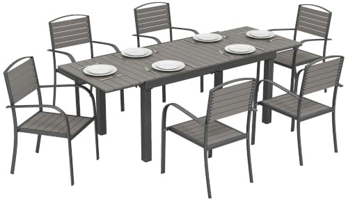 Outsunny Gartenmöbel Set 7-Teilig Ausziehbar 6 Stapelbaren Stühlen Grau | Sitzgruppe, Tisch, Holzoptik Lamellendesign, Aluminiumrahmen, Wetterfest, Essgruppe Gartengarnitur Gartenset