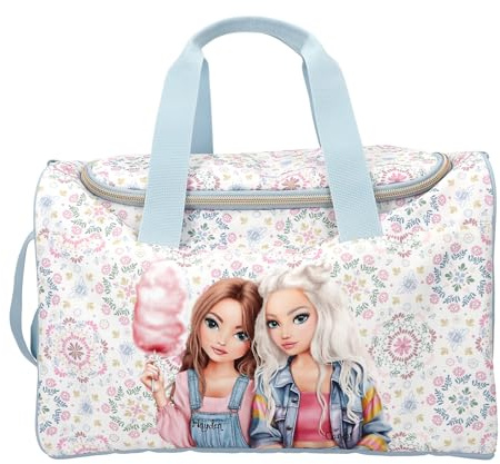 Depesche 14029 TOPModel Festival Fun - Sporttasche in Dunkelblau und Creme, mit Model Motiv und Blumen-Muster, Tasche mit kurzen und Langen Trageschlaufen