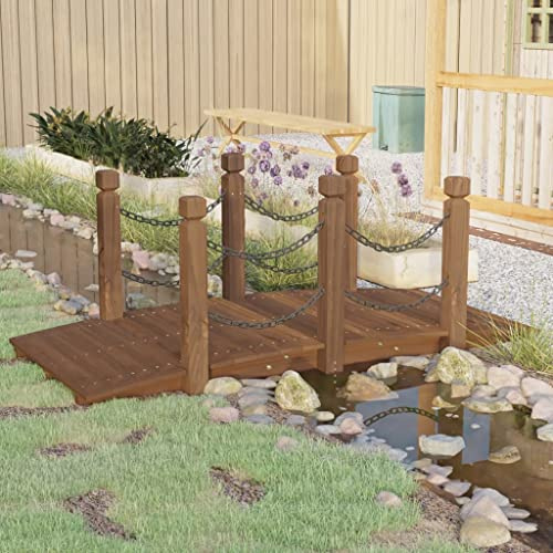 Ziaphsol Massivholz Gartenbrücke mit Kettengeländer aus Fichte 150 x 67 x 56 cm, Holzbrücke Teichbrücke Bachbrücke Steg für Garten Deko und Zugang, bis 110 kg pro Sitz