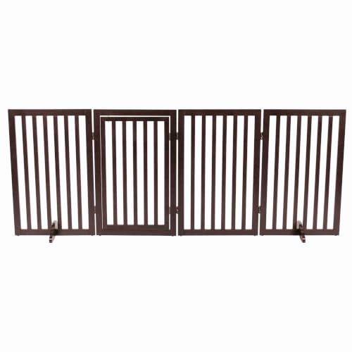 TRIXIE Freistehendes 4-Panel-Haustiergitter, Faltbarer Haustier-Barriere-Zaun, wandelbarer Haustiergehege, 61 cm hoch, Haustier-Spaziergang durch Haustiertür, Braun