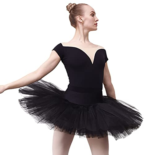 DANCEYOU Ballettrock mit Höschen 7-lagige Tüll Übungstutu Tüllrock Ballettkostüm für Mädchen und Damen Schwarz S