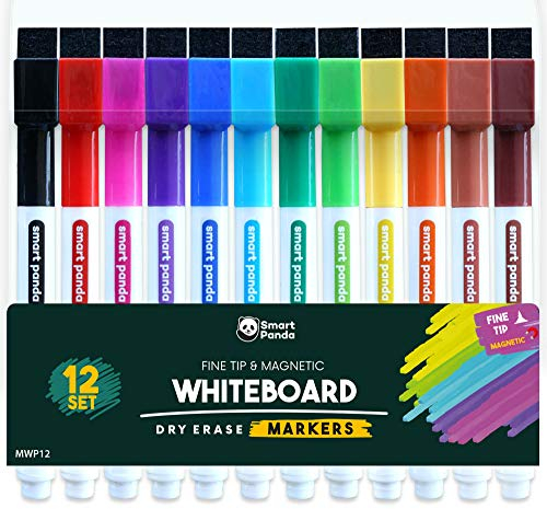 12 Whiteboard-Stifte mit dünner Spitze – Magnetische, Whiteboard-Marker mit feine Spitze und mit Löscher – Trocken abwischbare Marker, für Zuhause, Schule und Büro – 12er-Set mit verschiedenen Farben